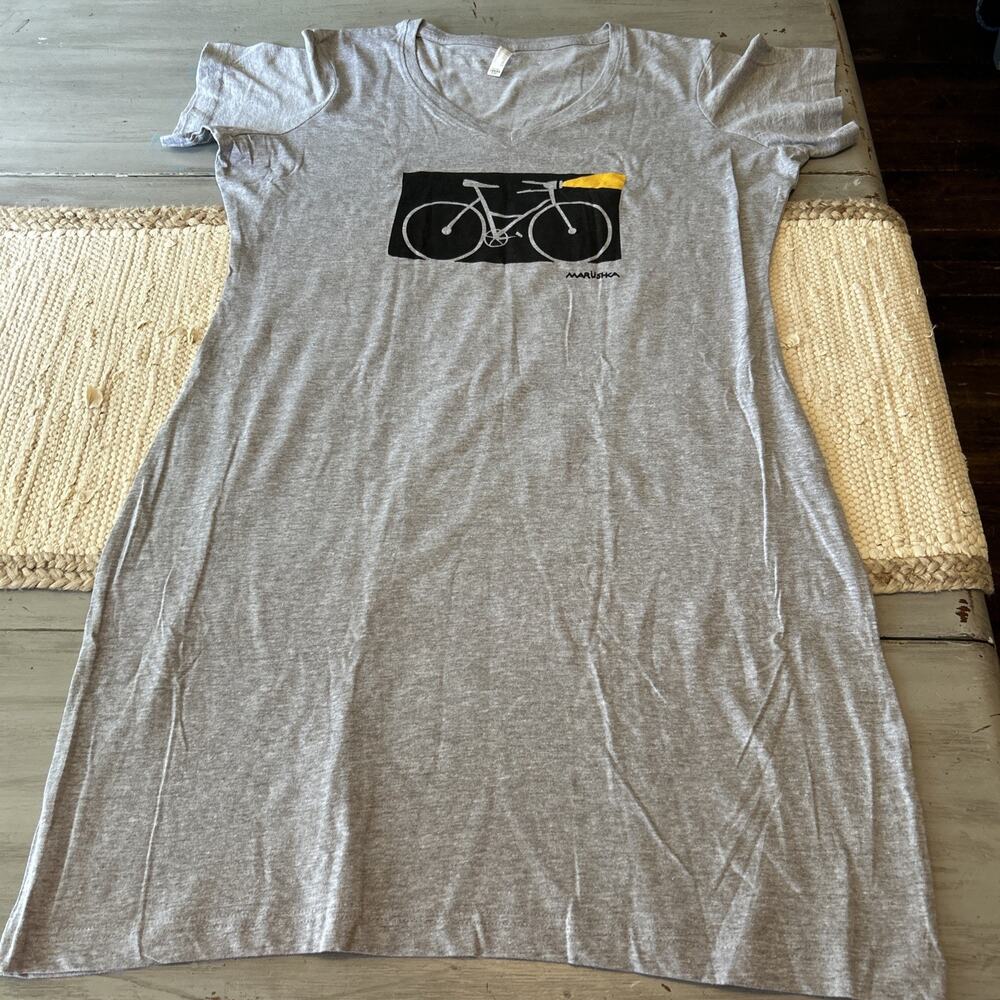 Marushka Gray Black Bicycle T Shirt Dress Women’s Sz L XL Handprinted